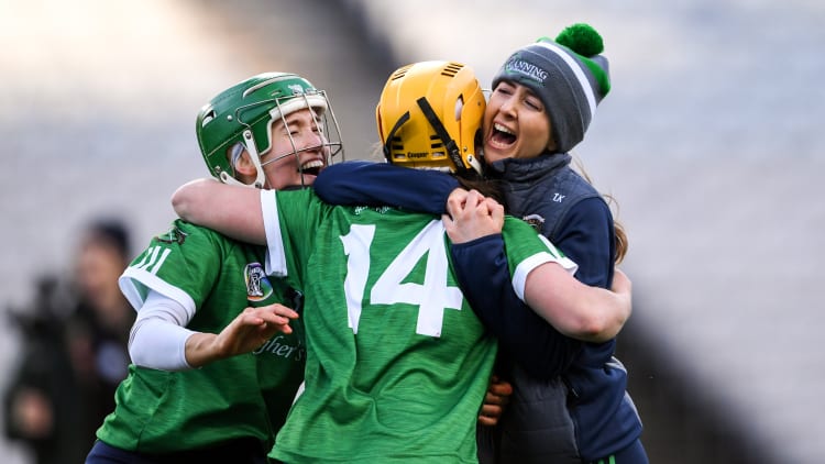 Laura Ward, Siobhán McGrath and Tara Kenny celebrate following Sarsfields' AIB All Ireland Club Camogie Final success over Slaughtneil at Croke Park.