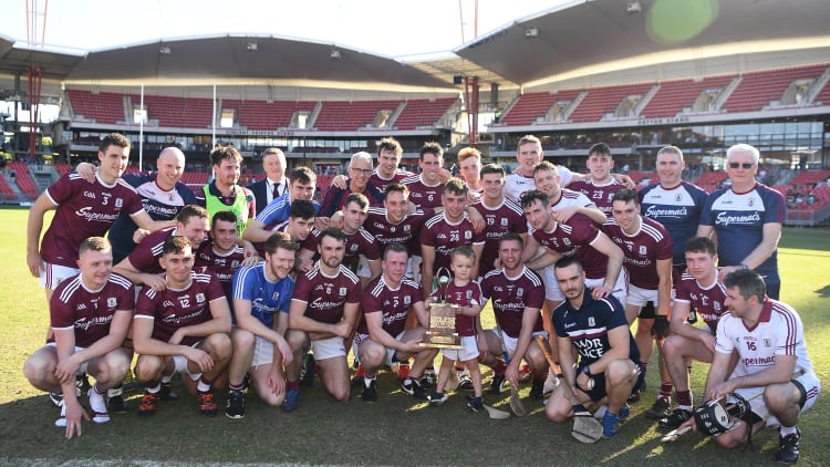 The Galway players celebrate after winning the Wild Geese Trophy in hte Spotless stadium, Sydney.