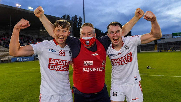 Cork manager Pat Ryan celebrates with Colm McCarthy, left, and Daniel Hogan after the GAA Hurling All-Ireland U20 Championship Final match between Cork and Galway at Semple Stadium in Thurles, Tipperary.