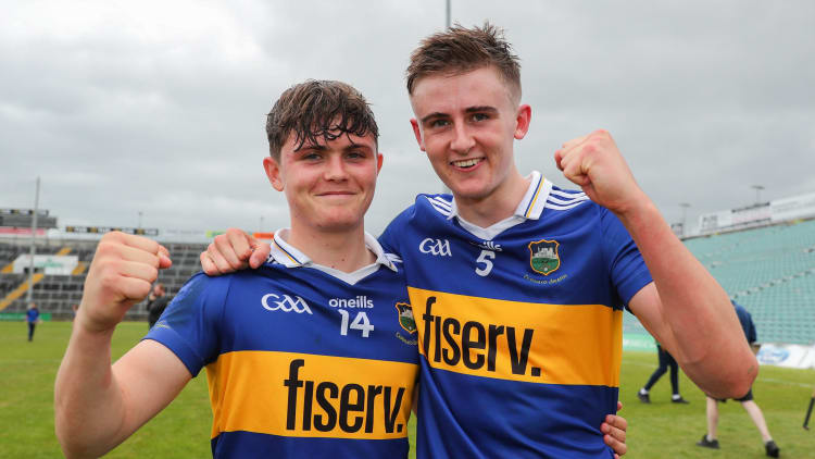 Tipperary players Tom Delaney, left, and Sam O'Farrell celebrate after the Electric Ireland GAA Hurling All-Ireland Minor Championship Semi-Final match between Tipperary and Galway at the LIT Gaelic Grounds in Limerick.