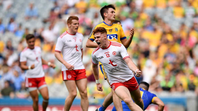 Conor Meyler celebrates after scoring a goal for Tyrone against Roscommon at Croke Park.