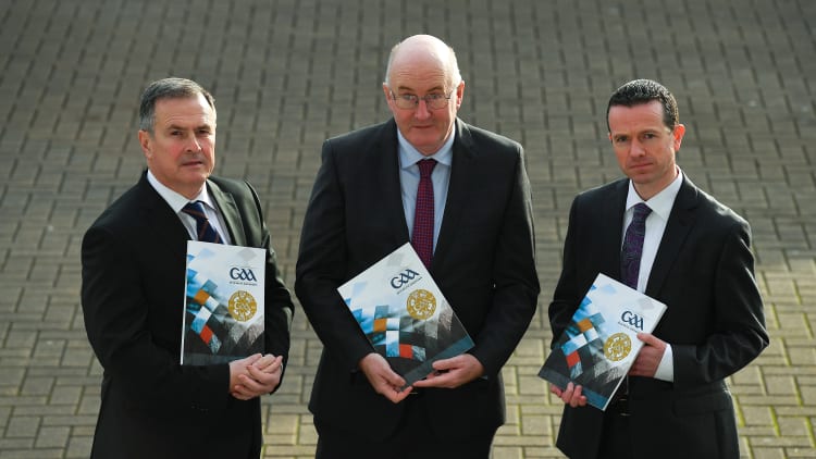 Uachtarán Chumann Lúthchleas Gael John Horan, centre, with Peter McKenna, Commercial Director of the GAA and Stadium Manager of Croke Park, left, and Ger Mulryan, GAA Director of Finance, before the GAA/Croke Park Financial Reports media briefing at Croke Park in Dublin.
