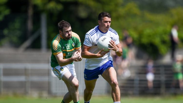 Ryan Wylie, Monaghan, and Brendan Gallagher, Leitrim, in action at Pairc Sean MacDiarmada.