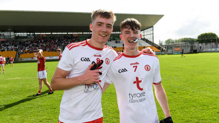 Tyrone players Ronan Donnelly and Matthew Mallon celebrate.