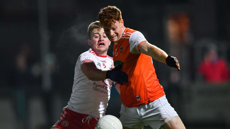Jason Duffy of Armagh in action against Michael O'Neill of Tyrone during the Bank of Ireland Dr McKenna Cup Round 3 match between Armagh and Tyrone at Athletic Grounds in Armagh.