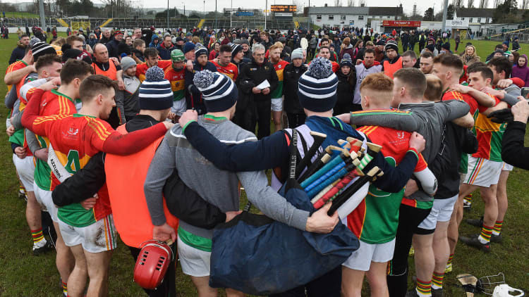 Colm Bonnar talks to the Carlow panel following Sunday's Allianz Hurling League draw against Galway at Netwatch Cullen Park.