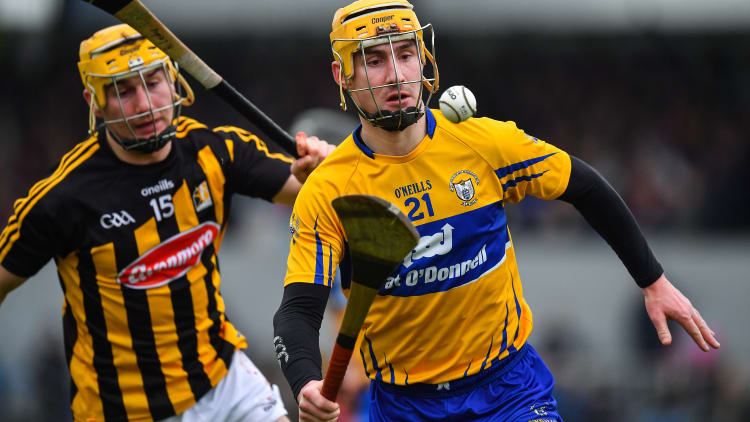 Colm Galvin of Clare in action against Richie Leahy of Kilkenny during the Allianz Hurling League Division 1A Round 2 match between Clare and Kilkenny at Cusack Park in Ennis, Co. Clare.
