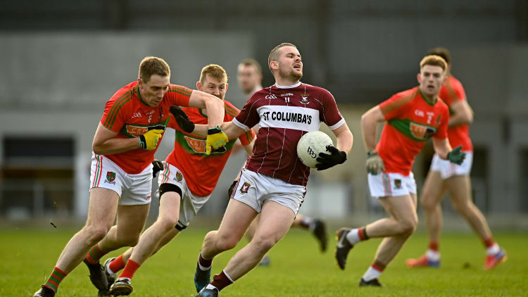 James McGivney, Mullinalaghta, and Fintan Coyle, Mostrim, during the Longford SFC Final at Glennon Brothers Pearse Park.