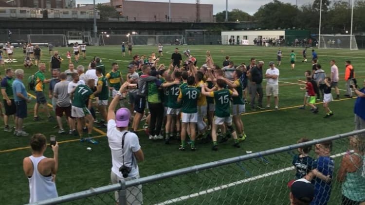 The St. Barnabas players celebrate with the Cup after their extra-time victory over Sligo in the New York Senior Football Championship Final.