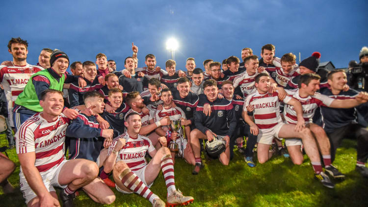 The Slaughtneil team celebrate after winning the 2019 Ulster GAA Hurling Senior Club Championship Final match between Slaughtneil and Dunloy at Páirc Esler, Newry, Co Down.