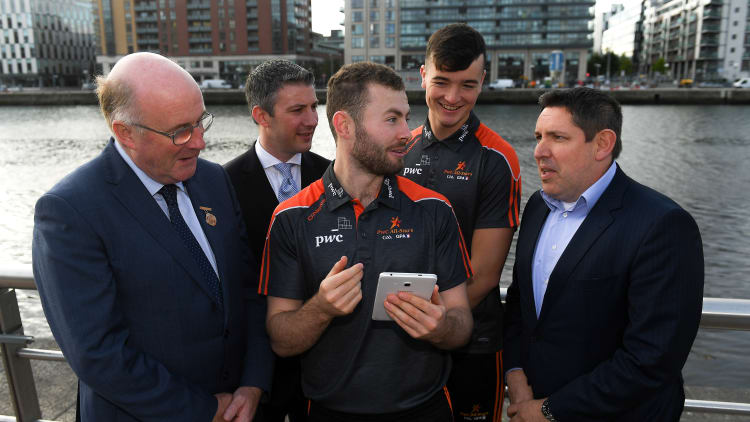 Dublin footballer, Jack McCaffrey, and Limerick hurler, Kyle Hayes, pictured at the launch the PwC All Stars App in 2018. Also pictured are, from the left, Uachtarán Chumann Lúthcleas Gael, John Horan, GPA National Executive Committee member, Colin Moran, and Enda Mc Donagh, Partner and Head of Assurance, PwC Ireland.