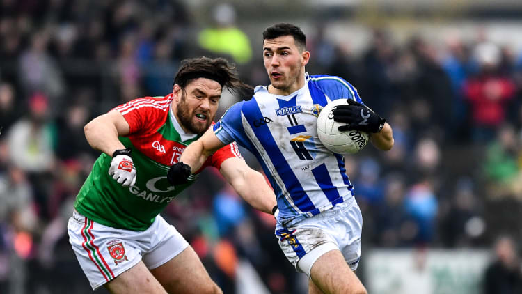 Colm Basquel, Ballyboden St Enda's, and James Sheerin, Garrycastle, during the AIB Leinster Club SFC Semi-Final at TEG Cusack Park.