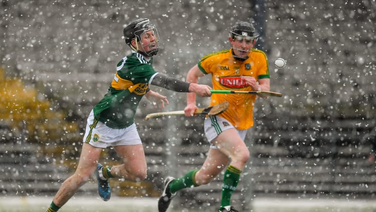 Cathal McCabe, Meath, and Shane Conway, Kerry, during the Allianz Hurling League Division 2A encounter at Fitzgerald Stadium, Killarney.