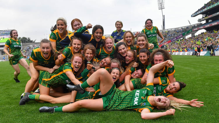 Meath players celebrate after their side's victory in the TG4 All-Ireland Ladies Senior Football Championship Final match between Dublin and Meath at Croke Park in Dublin.