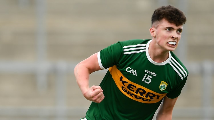Emmet O'Shea of Kerry celebrates after scoring his side's first goal during the Electric Ireland GAA Football All-Ireland Minor Championship Quarter-Final match between Kerry and Tyrone at Bord Na Mona O'Connor Park in Tullamore, Offaly.