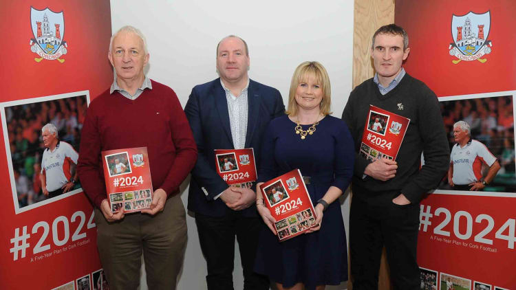 (l to r) Conor Counihan, Brian Cuthbert, Cork County Board Chairperson Tracey Kennedy, and Graham Canty pictured at the launch of #2024 - A Five Year Plan for Cork Football.