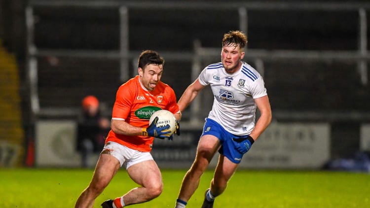 Aidan Forker, Armagh, and Andrew Woods, Monaghan, in Dr McKenna Cup action at the Athletic Grounds.