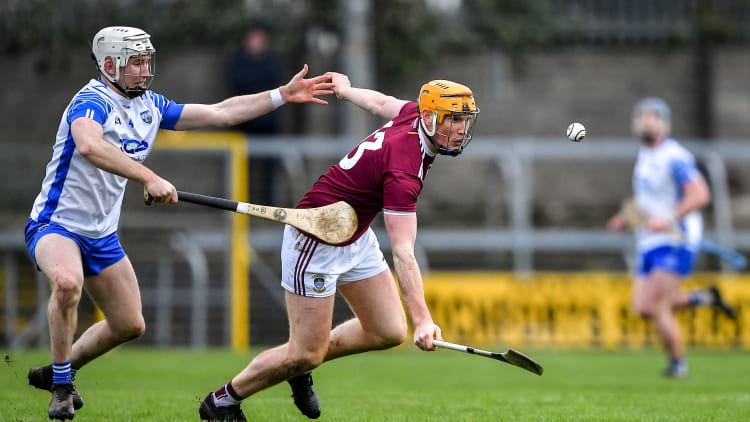 Niall Mitchell, Westmeath, and Shane McNulty, Waterford, in Allianz Hurling League action at TEG Cusack Park.