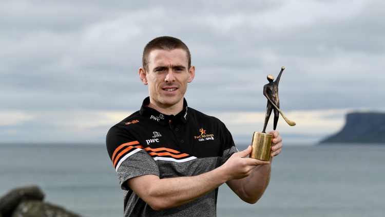 Antrim hurler Ciaran Clarke with his PwC GAA / GPA Player of the Month award in Hurling for May 2021 in Ballycastle, County Antrim.