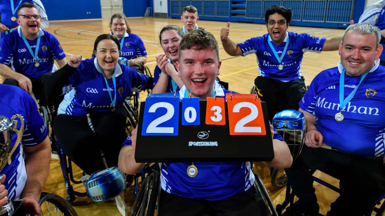 Maurice Noonan of Munster, centre, and team-mates celebrate after defeating Leinster during the M.Donnelly GAA Wheelchair Hurling All-Ireland Finals at National Indoor Arena in Abbotstown, Dublin.