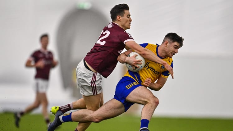Cathal Heneghan, Roscommon, and Finnian Ó Laoi, Galway, in action during the Connacht FBD League Final.