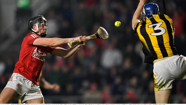 Darragh Fitzgibbon, Cork, and Huw Lawlor, Kilkenny, during Saturday's Allianz Hurling League semi-final at Páirc Uí Chaoimh.