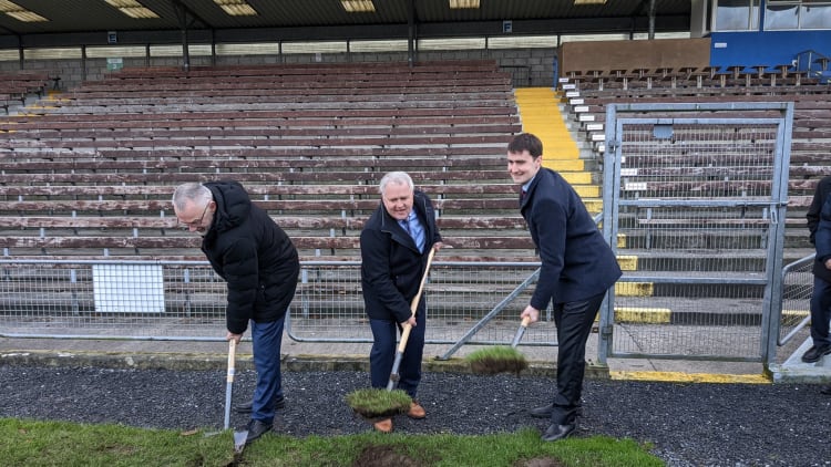 GAA President Larry McCarthy, Waterford GAA Chairperson Seán Michael O’Regan and Minister of State for Sports , Jack Chambers, turning the sod on the redevelopment of Walsh Park.