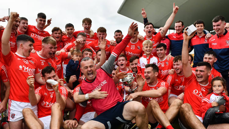 Shinrone manager and former Kilcormac-Killoughey player Trevor Fletcher celebrates with his players after their side's victory in the Offaly SHC final this afternoon in Tullamore.