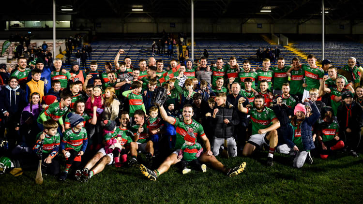 Loughmore/Castleiney players celebrate with the trophy after the Tipperary County Senior Club Hurling Championship Final Replay match between Thurles Sarsfields and Loughmore/Castleiney at Semple Stadium in Thurles, Tipperary.