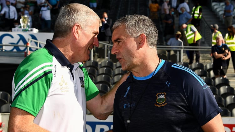 Tipperary manager, Liam Sheedy, congratulates Limerick manager, John Kiely, after the Munster SHC Final.
