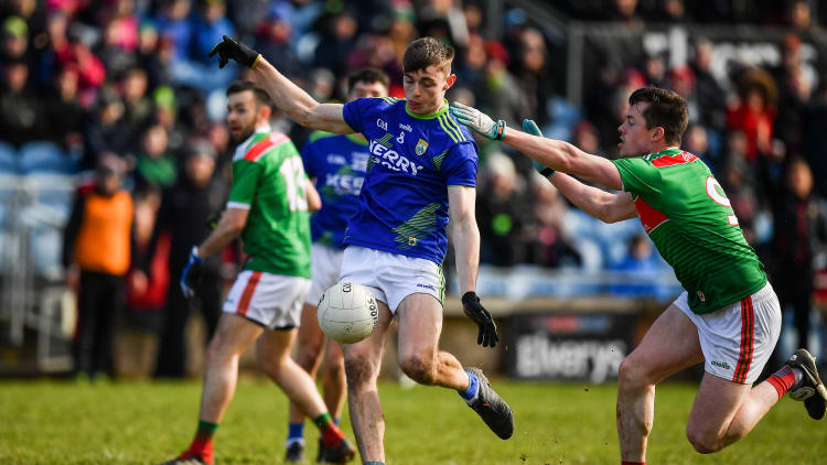 Diarmuid O'Connor, Kerry, and Stephen Coen, Mayo, in Allianz Football League action in 2020.