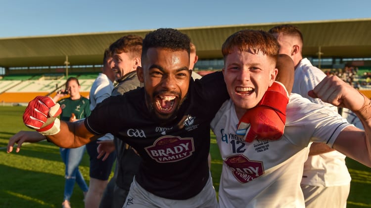 Aaron O'Neill and Tony Archbold celebrate at Bord Na Mona O'Connor Park.