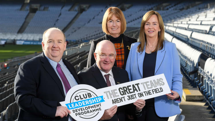 Uachtarán Chumann Lúthchleas Gael John Horan, with, from left, Paddy Flood, Chairman of the National Officer Development Committee, Kathleen Woods, President of the Camogie Association, and Helen O’Rourke, CEO of the Ladies Gaelic Football Association, in attendance at the launch of the Club Leadership Development Programme 2020 at Croke Park in Dublin.