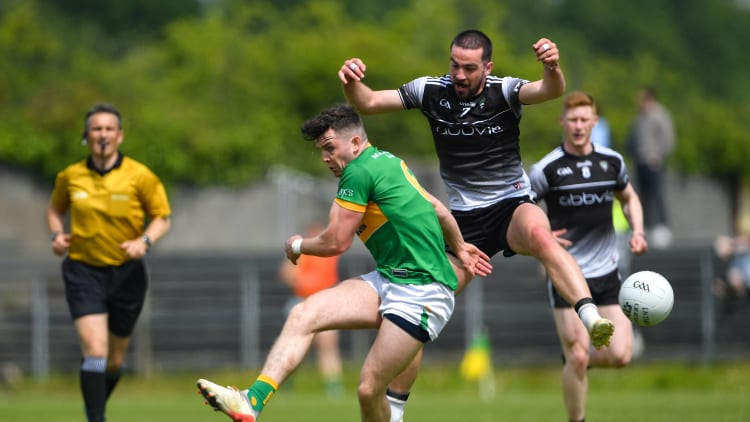 David Bruen, Leitrim, and Paul Kilcoyne, Sligo, in Tailteann Cup action.