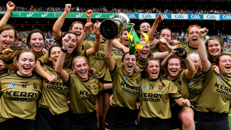 Kerry players celebrating after capturing the All Ireland Premier Junior Camogie title at Croke Park.