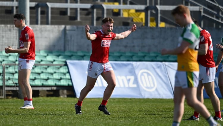 Eoghan McSweeney celebrates at the final whistle after Cork edged out Offaly Bord na Móna O'Connor Park.
