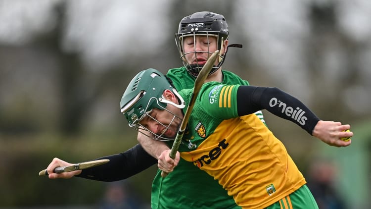 Gerry Gilmore, Donegal, and Caolan Duffy, Fermanagh, in Nickey Rackard Cup action.