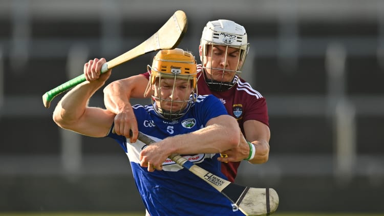 Podge Delaney of Laois in action against Joey Boyle of Westmeath during the Allianz Hurling League Division 1 Relegation Play-off match between Laois and Westmeath at MW Hire O'Moore Park in Portlaoise, Co Laois.