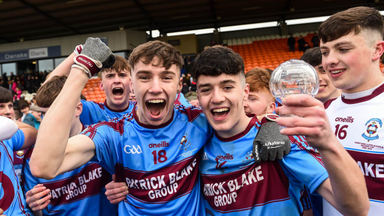 Glenn Tracy and Darragh MacBrien, right, of St Michael's Enniskillen celebrates after the Danske Bank MacRory Cup Final match between St Michael's Enniskillen and Omagh CBS at the Athletic Grounds in Armagh.