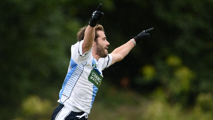 Ruben Lebonan of Galicia celebrates after scoring a goal against Argentina during the Etihad Airways GAA World Games.