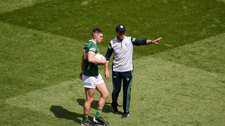 Kerry manager Jack O'Connor gives instructions to Seán O'Shea before the 2022 GAA Football All-Ireland Senior Championship Final match between Kerry and Galway at Croke Park in Dublin.