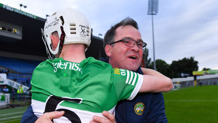 Offaly selector Johnny Pilkington celebrates with Brecon Kavanagh after their side's victory in the Electric Ireland GAA Hurling All-Ireland Minor Championship Semi-Final match between Offaly and Clare at FBD Semple Stadium in Thurles, Tipperary.