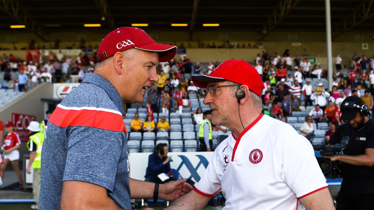 Cork manager Ronan McCarthy and Tyrone boss Mickey Harte following a Round Four All Ireland SFC Qualifier in 2018.
