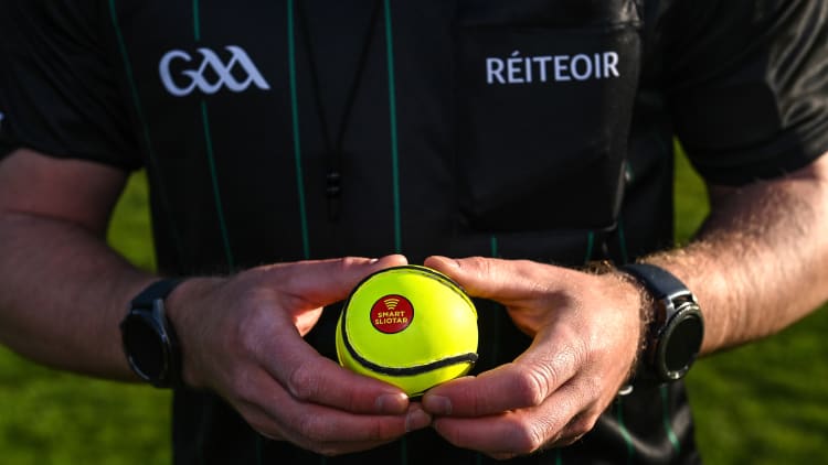 Referee Nathal Wall holds a smart sliotar before the 2022 oneills.com Munster GAA Hurling Under 20 Championship Group 1 Round 1 match between Limerick and Clare at TUS Gaelic Grounds in Limerick.