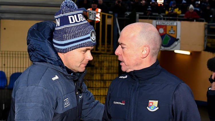 Dublin manager Dessie Farrell and Longford manager Padraic Davis shake hands after the O'Byrne Cup Semi-Final match between Longford and Dublin at Glennon Brothers Pearse Park in Longford.