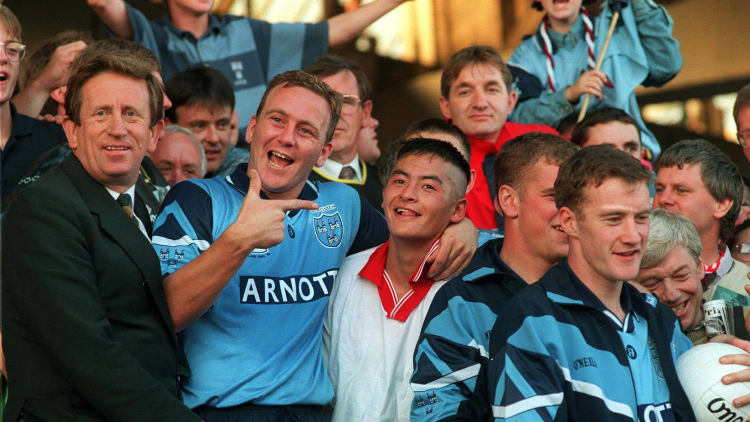 Keith Barr and Jason Sherlock following the 1995 All Ireland SFC Final win over Tyrone at Croke Park.