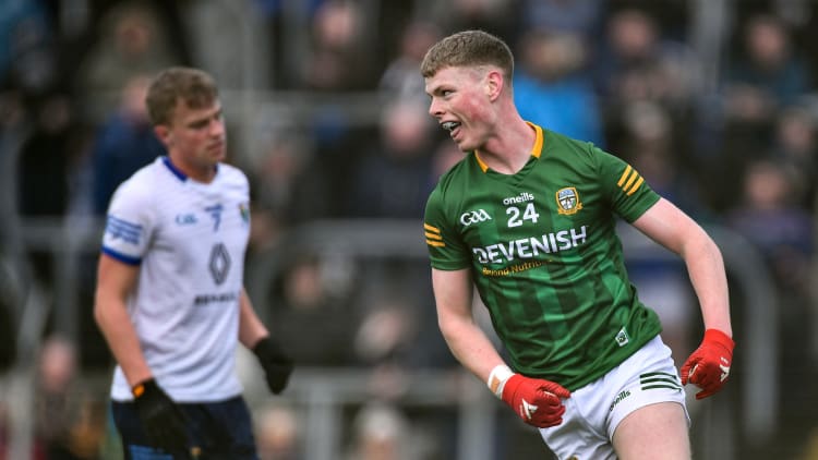 Mathew Costello of Meath celebrates after scoring his side's third goal during the Leinster GAA Football Senior Championship Quarter-Final match between Meath and Wicklow at Páirc Tailteann in Navan, Meath.
