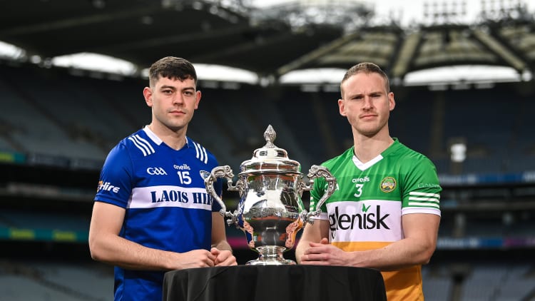 Mark Barry of Laois, left, and Declan Hogan of Offaly during the Tailteann Cup launch at Croke Park in Dublin. Photo by David Fitzgerald/Sportsfile.
