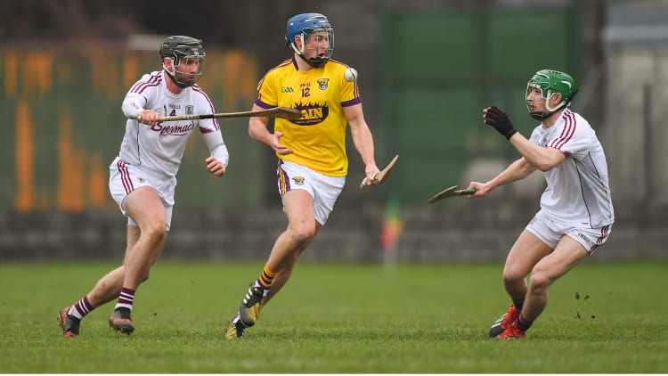 Ian Byrne, Wexford, and Galway's Aidan Harte and Jack Grealish during the Bord Na Mona Walsh Cup Final.