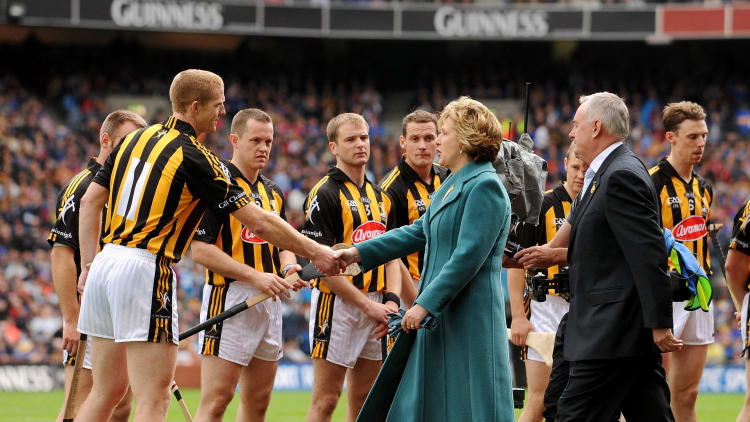 Former President of Ireland Mary McAleese meets the Kilkenny team before the 2009 All-Ireland SHC final at Croke Park.